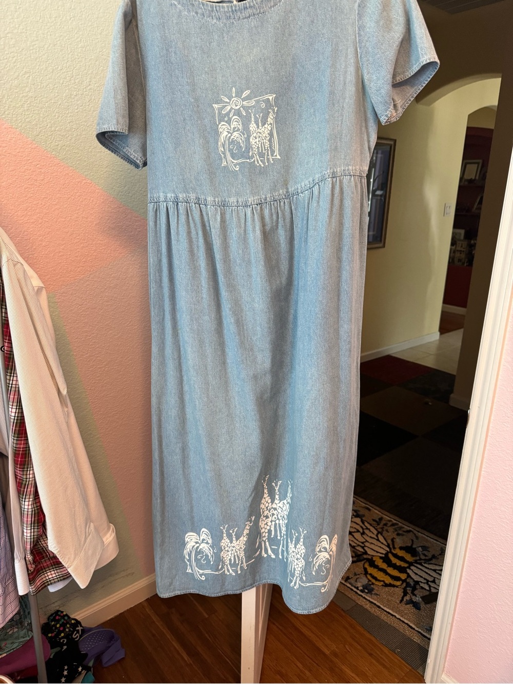 Light Wash Denim Midi Dress with Giraffe Motif